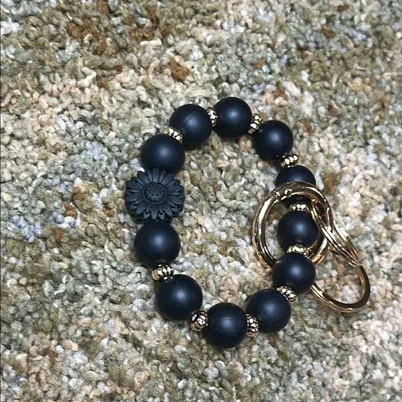Sunflower Black & Gold Silicone Beaded Keychain Bracelet Wristlet Gold Hardware - Picture 5 of 5